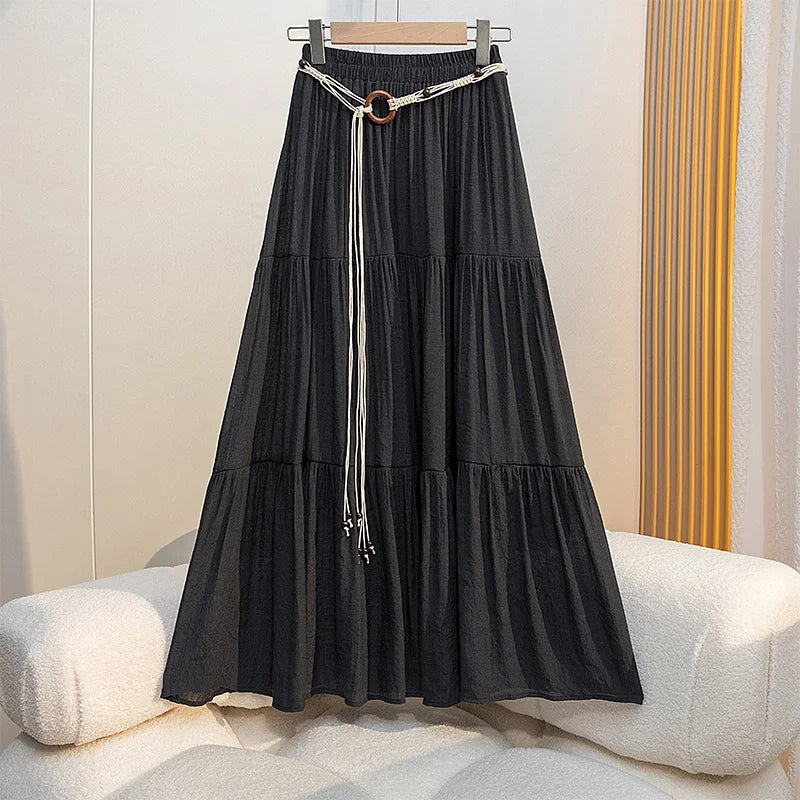 Boho Summer Cotton-Linen Midi Skirt: Flowy A-Line Pleated Long Skirt with Slimming Fit & Hip-Hiding Design for Resort Vacations