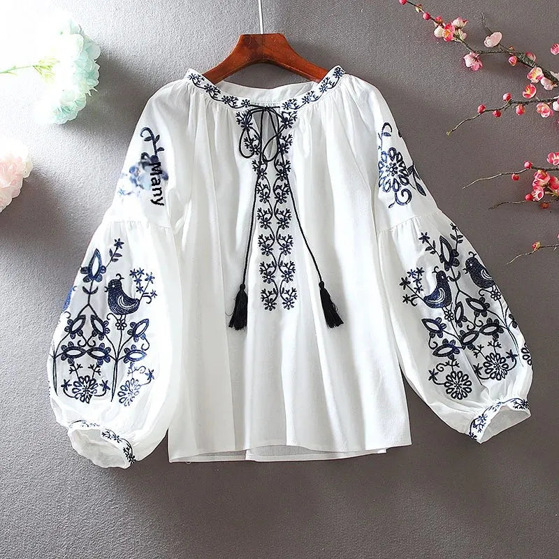 Fashionable Ethnic Style Long Sleeve Cotton Linen Shirt Embroidered Loose Fit Casual Women'S Autumn Top