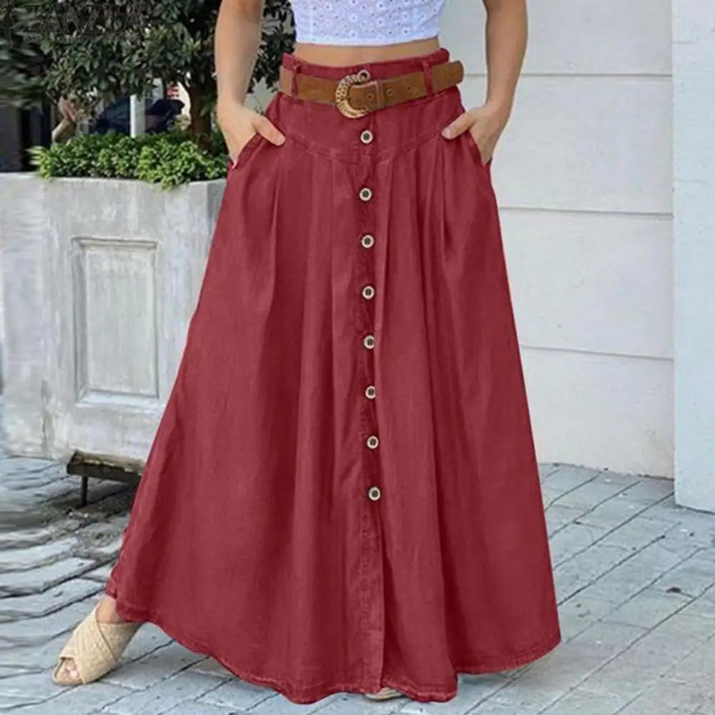 Big Hem Women Long Skirt Solid Color High Waist All Match Button Decor A-Line Summer Loose Maxi Skirt Female Garment
