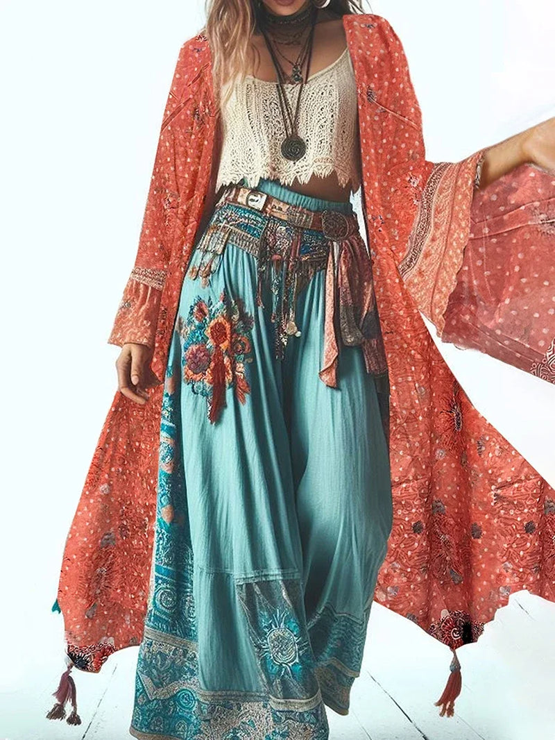 Women’S Boho Long Sleeve Cardigans Chiffon Bohemian Printed Puff Sleeves Summer Fit Mid-Length Vintage Sunscreen Female Outwears
