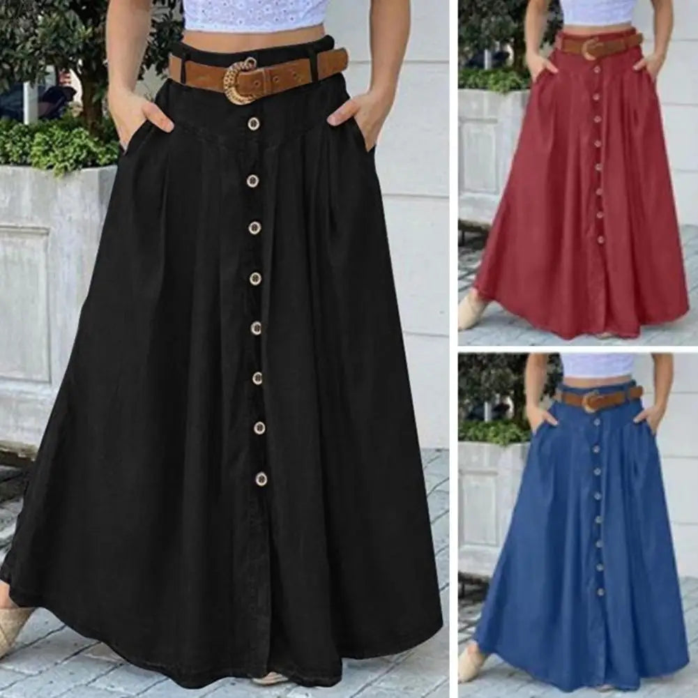 Big Hem Women Long Skirt Solid Color High Waist All Match Button Decor A-Line Summer Loose Maxi Skirt Female Garment