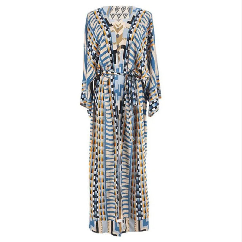 Boho Beach Robe Cotton Orange Ethnic Floral Print Kimono Vestidos Women Long Sleeve Tunic Top Blouses Cover up Boho