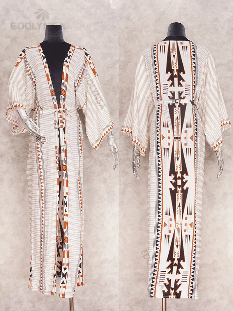 Bohemian Printed Bikini Cover-Ups Elegant Self Belted Kimono Dress Tunic Women plus Size Beach Wear Swim Suit Cover up Q1228