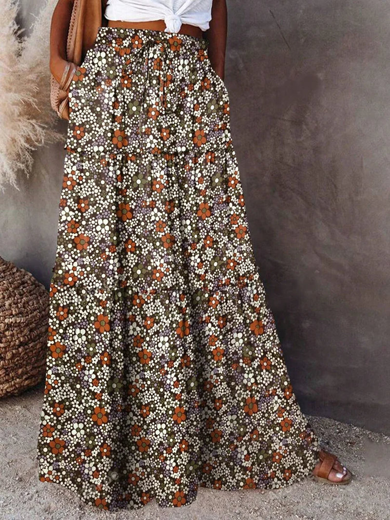 2025 New Bohemian Style Printed Women'S Skirt, with Elastic Belt Design and Pockets