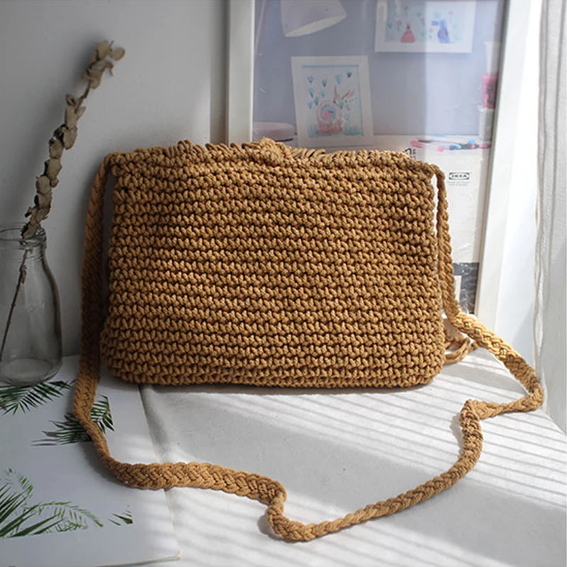 Handmade Cotton Woven Knitted Tassel Crossbody Bag Vintage Shoulder Messenger Bag Female Fashion Beach Summer Handbags for Women