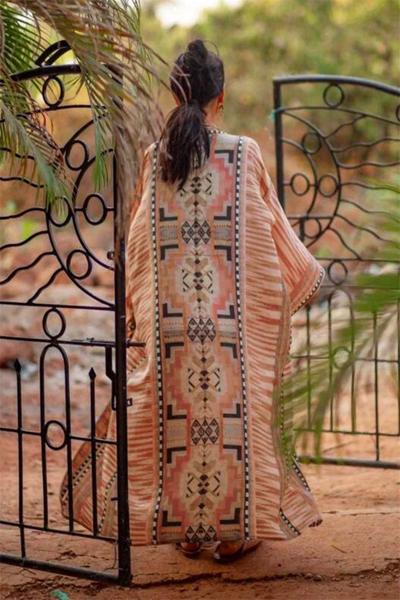 Boho Beach Robe Cotton Orange Ethnic Floral Print Kimono Vestidos Women Long Sleeve Tunic Top Blouses Cover up Boho