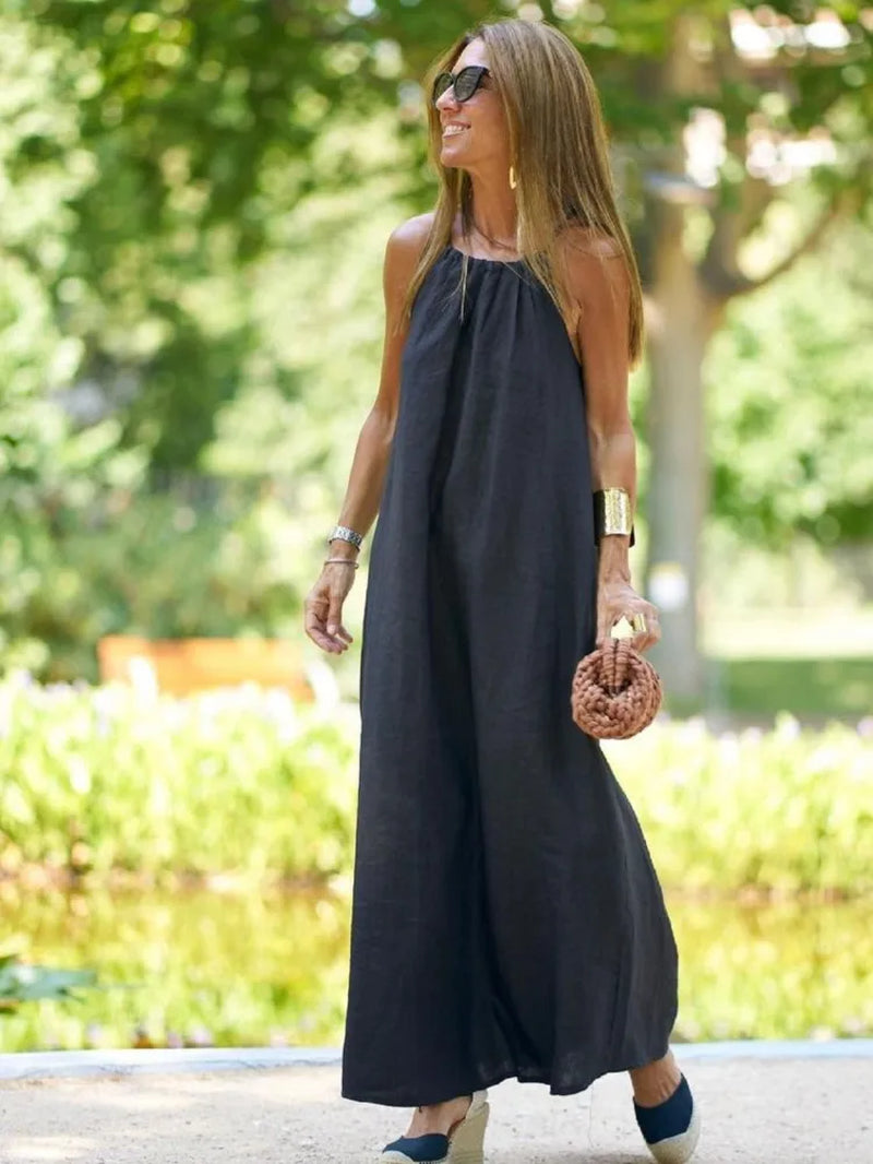 Women'S Halter Slit Cotton Linen Dress Vintage Simple Style Sleeveless Solid Vestidos Maxi Dress Summer Loose Holiday Party Robe