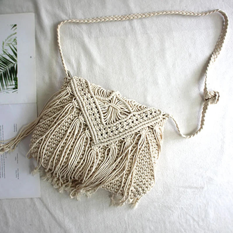 Handmade Cotton Woven Knitted Tassel Crossbody Bag Vintage Shoulder Messenger Bag Female Fashion Beach Summer Handbags for Women