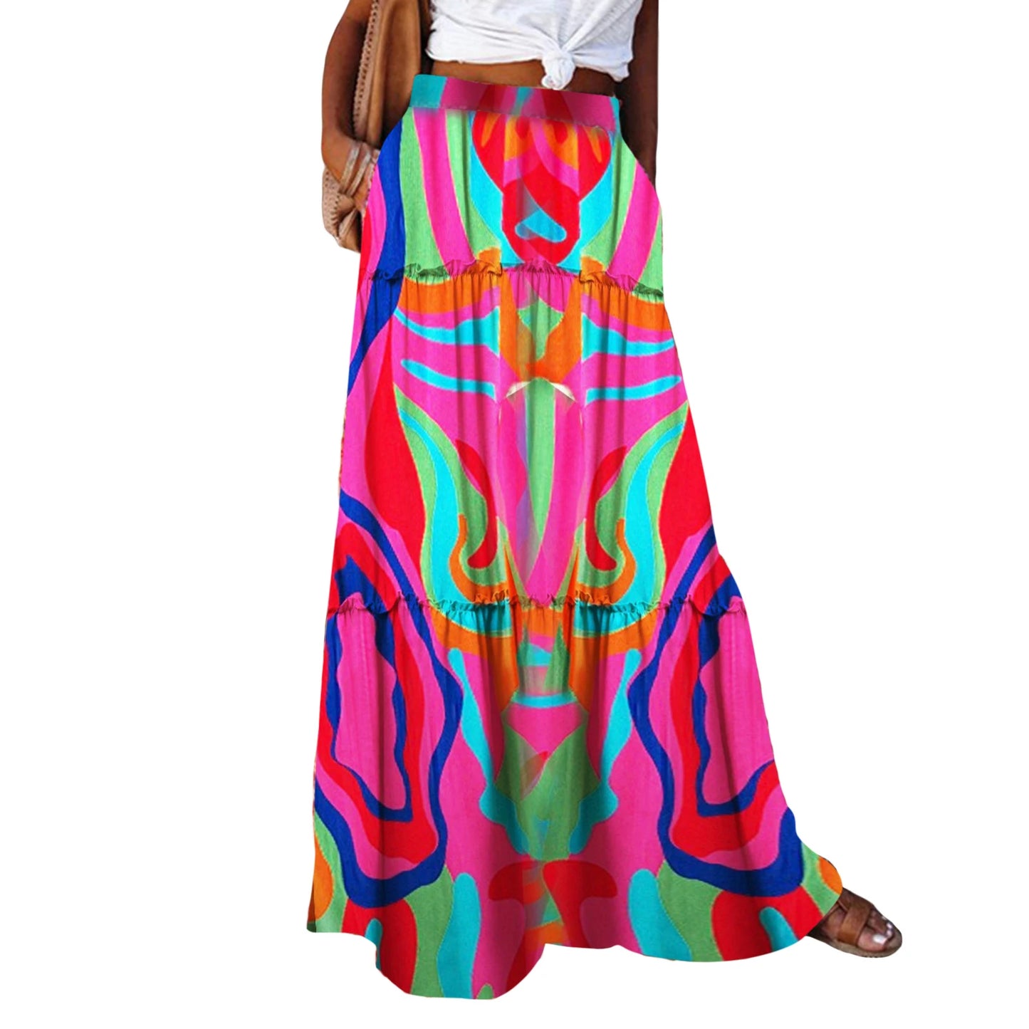 Women'S Summer Bohemian Y2K Retro Drawstring Elastic High Waist Casual Loose A-Line Swing Long Skirt with Pockets