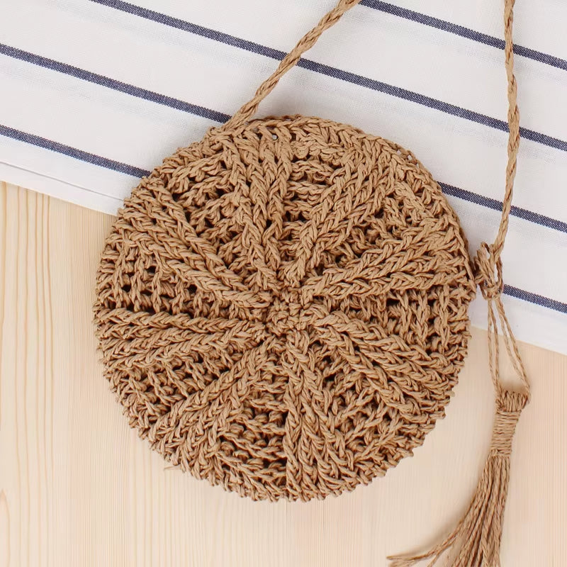 Rattan Woven round Women Straw Bag Handbag Knit Summer Beach Bag Woman Shoulder Messenger Bag Tassel Khaki Beige Bags