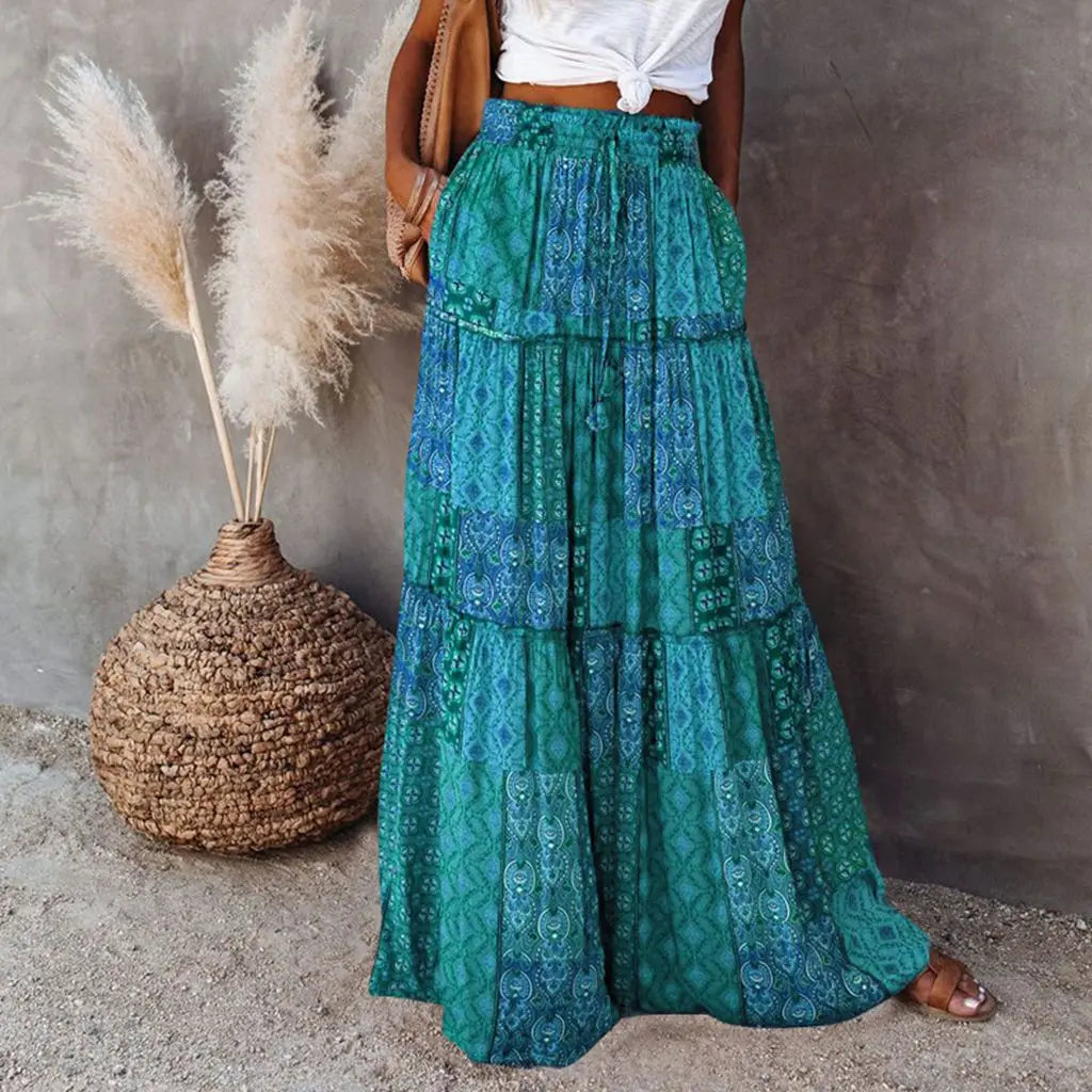 Women'S Summer Bohemian Y2K Retro Drawstring Elastic High Waist Casual Loose A-Line Swing Long Skirt with Pockets