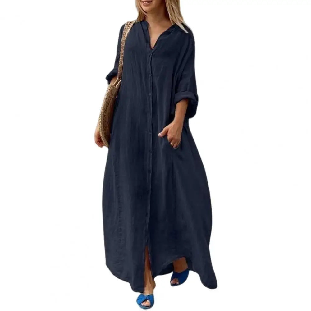 Women A-Line Dress Elegant Maxi Dress with V Neck Pockets for Women Soft Breathable Ankle Length Summer for Spring