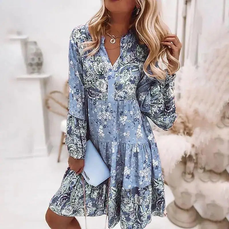Women'S Casual Floral Print Dress Bohemian V-Neck Loose A-Line Dress Elegant Beach Vacation Style Party Dress Robe Women'S Style
