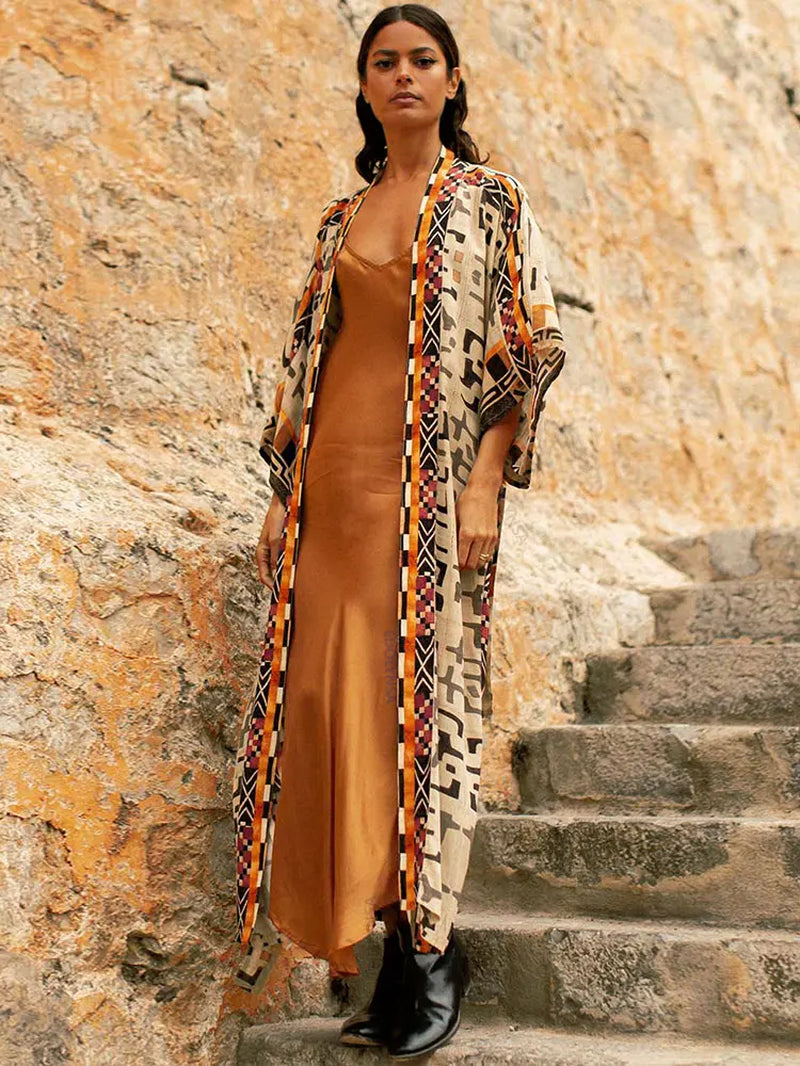 Bohemian Printed Bikini Cover-Ups Elegant Self Belted Kimono Dress Tunic Women plus Size Beach Wear Swim Suit Cover up Q1228
