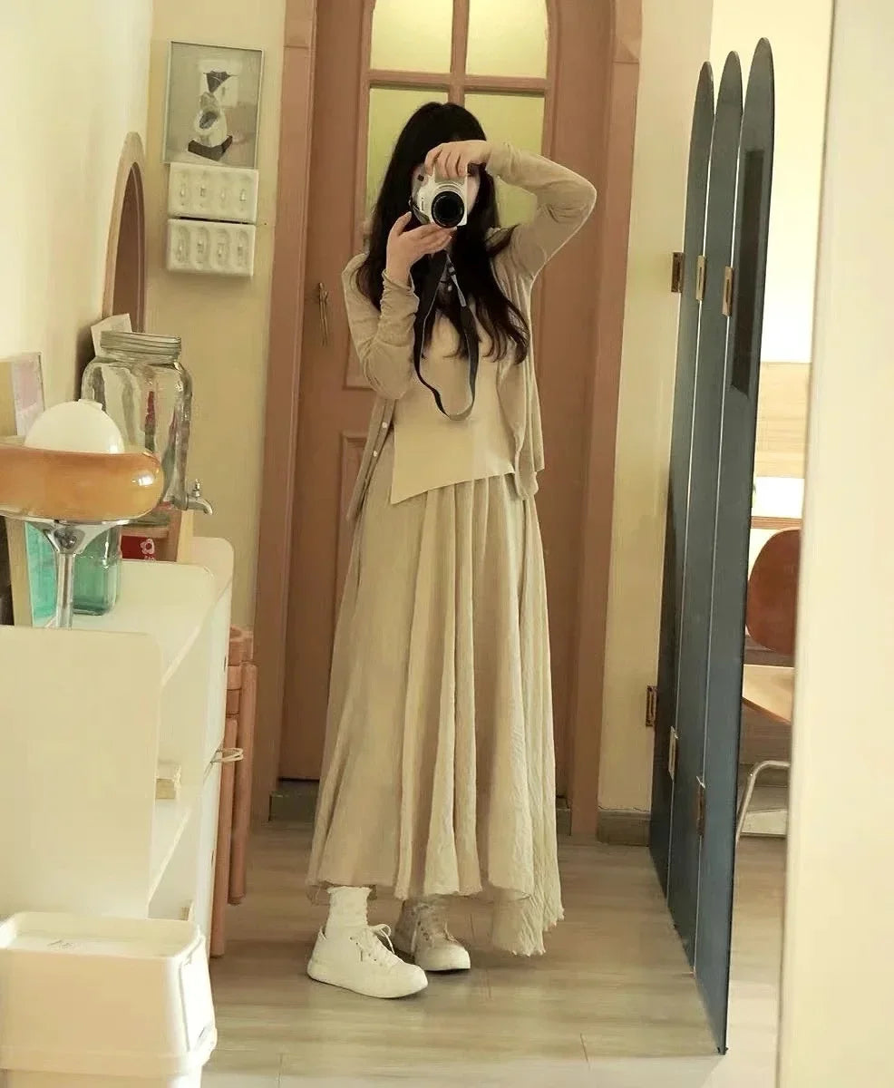 2025 Boho Beach Women'S Skirt - Linen Cotton Blend Elastic Waist Long Pleated Maxi, Vintage Summer Casual Skirt Faldas Saia