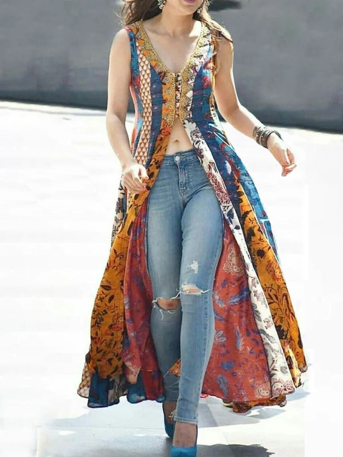 Floral Print Tank Dress for Women Sexy Split V-Neck Sleeveless Indie Folk Vintage Casual High Street Retro Long Dress