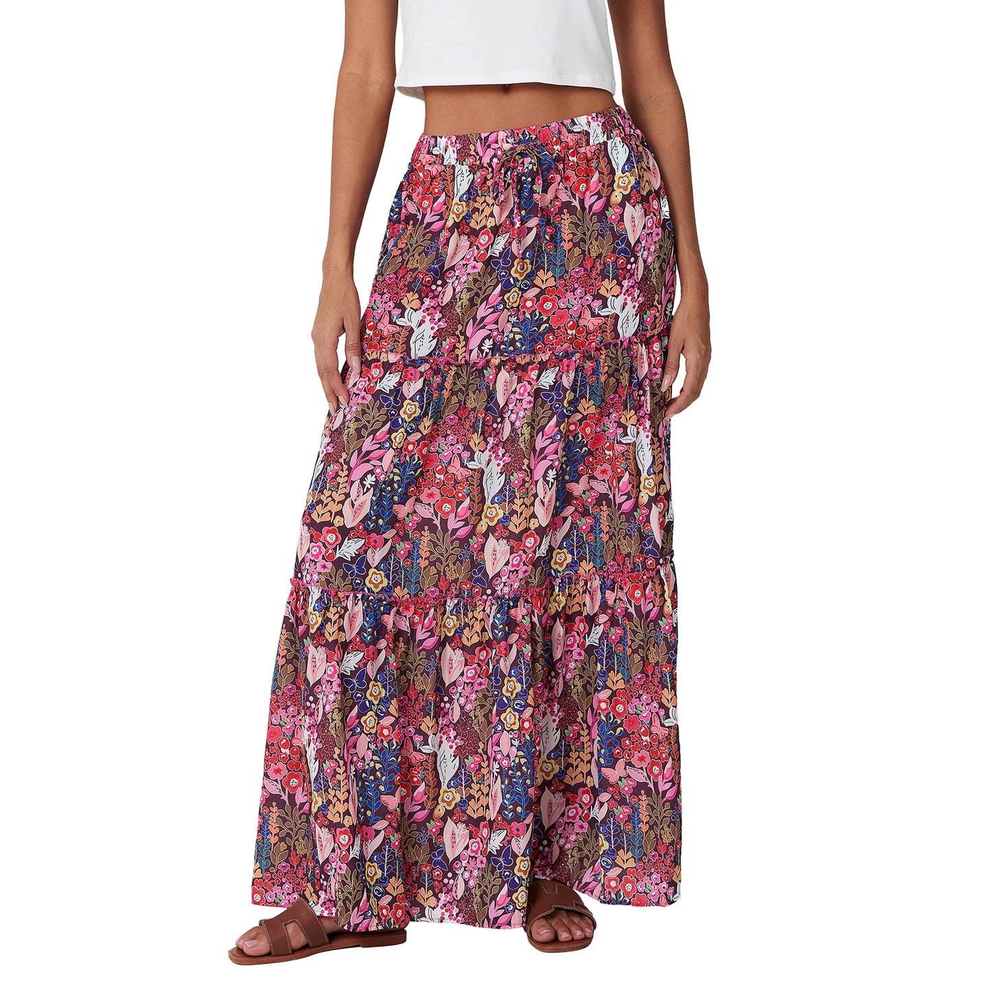 Women'S Summer Bohemian Y2K Retro Drawstring Elastic High Waist Casual Loose A-Line Swing Long Skirt with Pockets