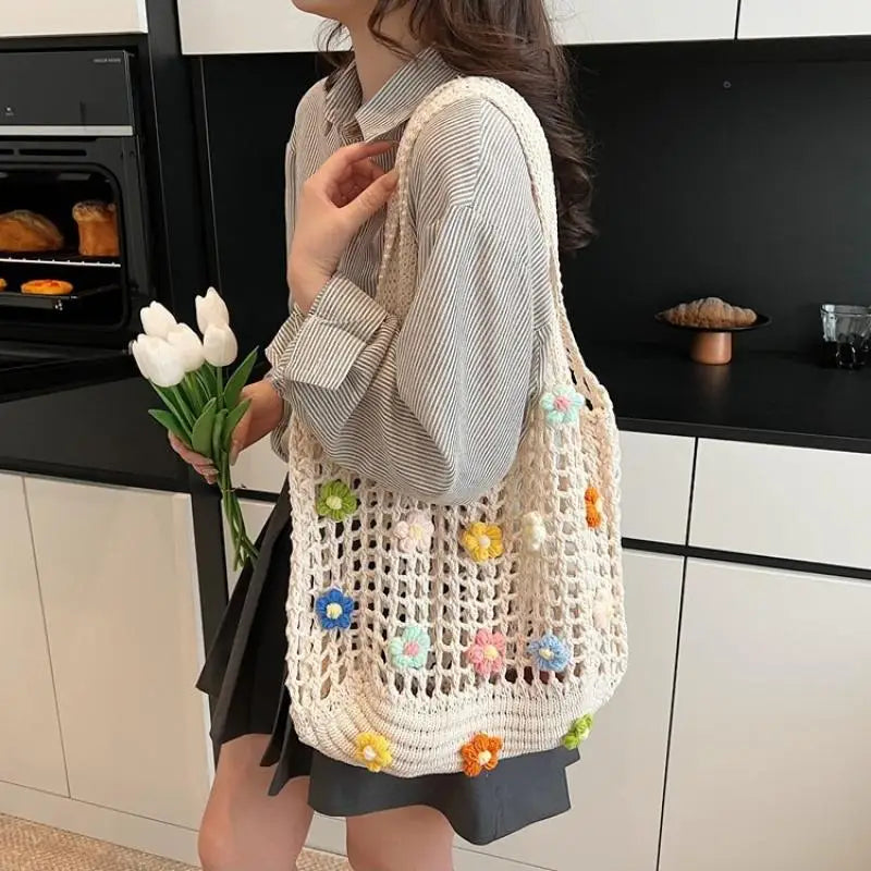 Women'S Bohemian Hollow Knitted Shoulder Bag, Harajuku Style Floral Design Large Capacity for Beach and Casual Use