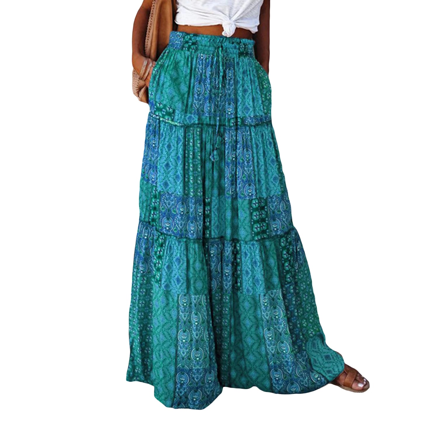Women'S Summer Bohemian Y2K Retro Drawstring Elastic High Waist Casual Loose A-Line Swing Long Skirt with Pockets