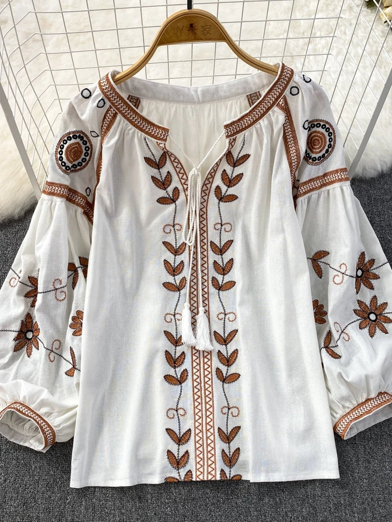 Chic Fashion 2024 New Spring Women Vintage Long Sleeve Loose T-Shirts O Neck Embroidery Casual All Match Top Mujers