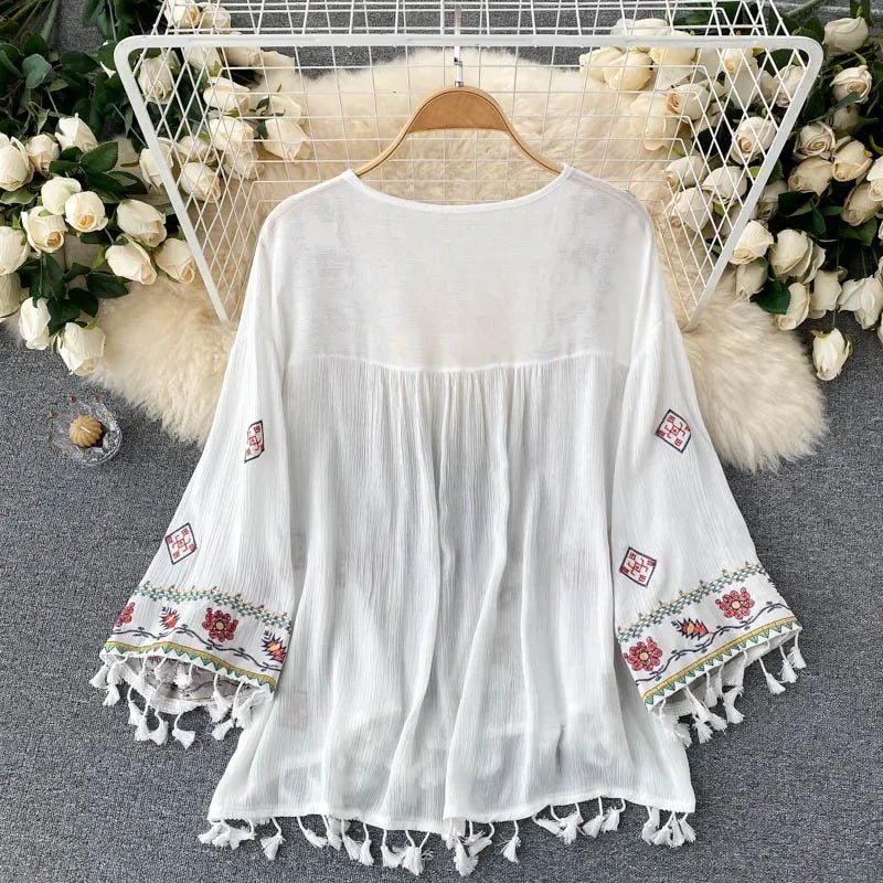 Summer Women'S Shirt Bohemian Holiday Style Embroidered Tassel Chiffon Cardigan New Waist Female Slim Short Tops