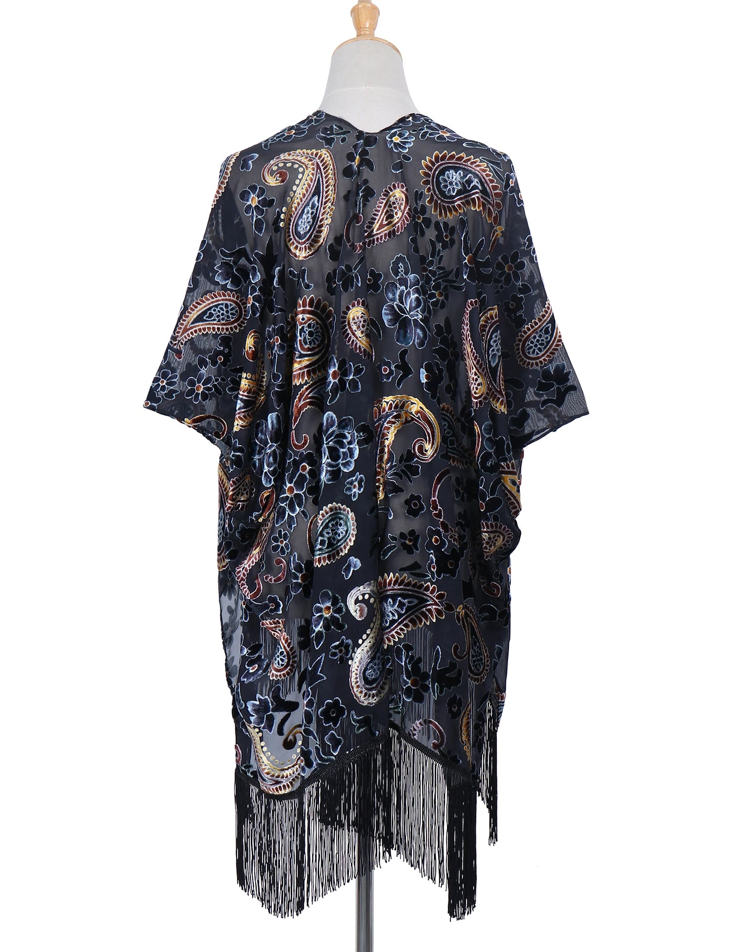 -Fashion Burnout Velvet Kimono with Tassels, Womens Burnout Velvet Kimono Duster, Holiday Casual Kimonos Cardigan