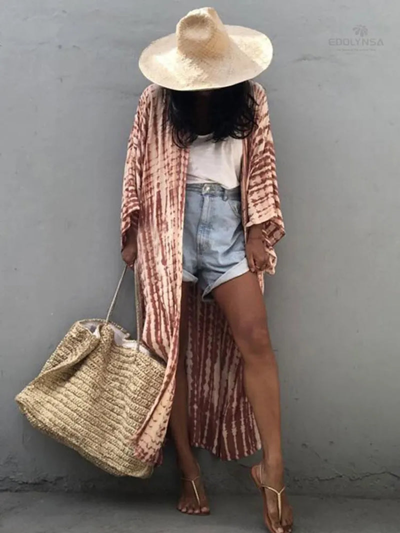 Bohemian Printed Bikini Cover-Ups Elegant Self Belted Kimono Dress Tunic Women plus Size Beach Wear Swim Suit Cover up Q1228