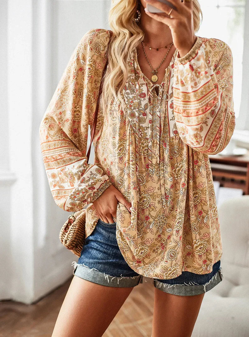 Boho Blouse Floral Print V-Neck Long Sleeve Blouse Women Chic Women Blouse Hippie Bohemian Style Autumn Women Tops