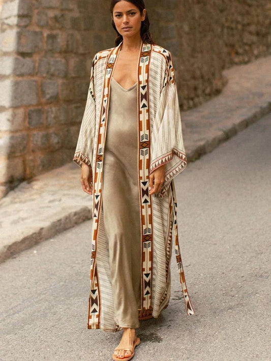 2025 Beach Kimono Cover-Up Loose Swimsuit Cover up Front Open Belt Kaftan Robe Plage Beach Pareos Dress Tunic Beach Wear