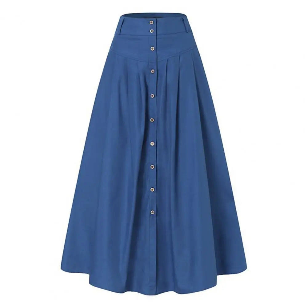 Big Hem Women Long Skirt Solid Color High Waist All Match Button Decor A-Line Summer Loose Maxi Skirt Female Garment