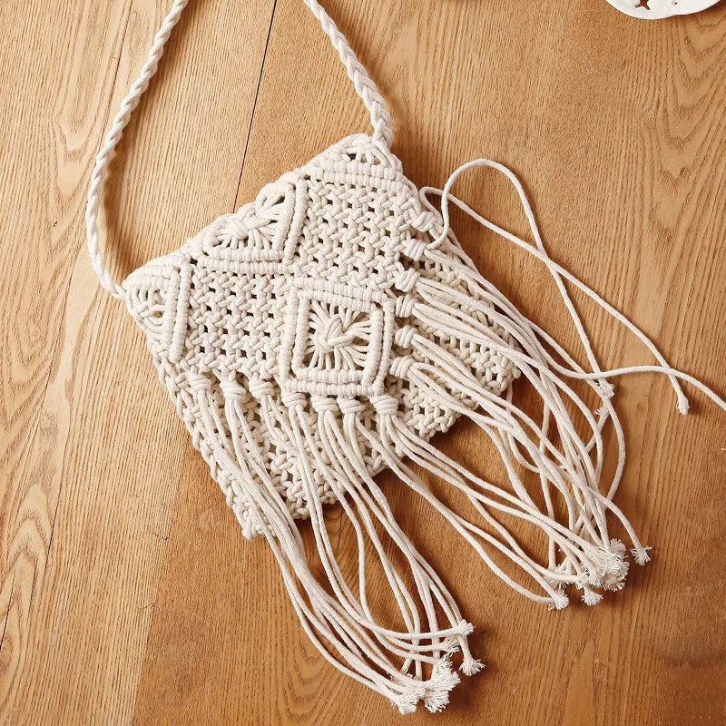 Handmade Cotton Woven Knitted Tassel Crossbody Bag Vintage Shoulder Messenger Bag Female Fashion Beach Summer Handbags for Women