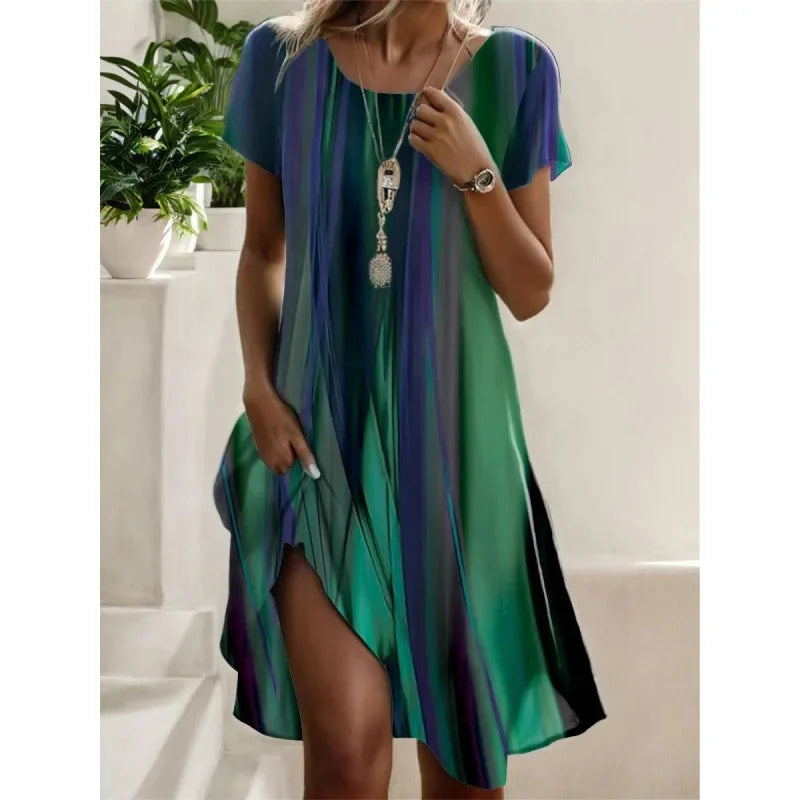 Artistic Ethnic Style round Neck Medium-Length Dress Summer Best Seller Independent Store Exclusive Limited Time Offer