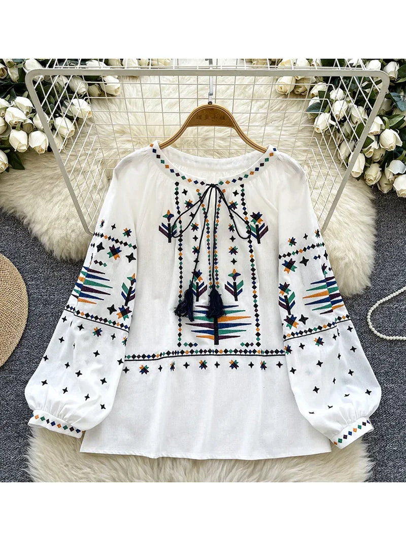 Women'S Spring Autumn Blouse round Neck Lace up Long Sleeved Shirt Embroidered Loose Slimming Casual Pullover Top Trendy BL038