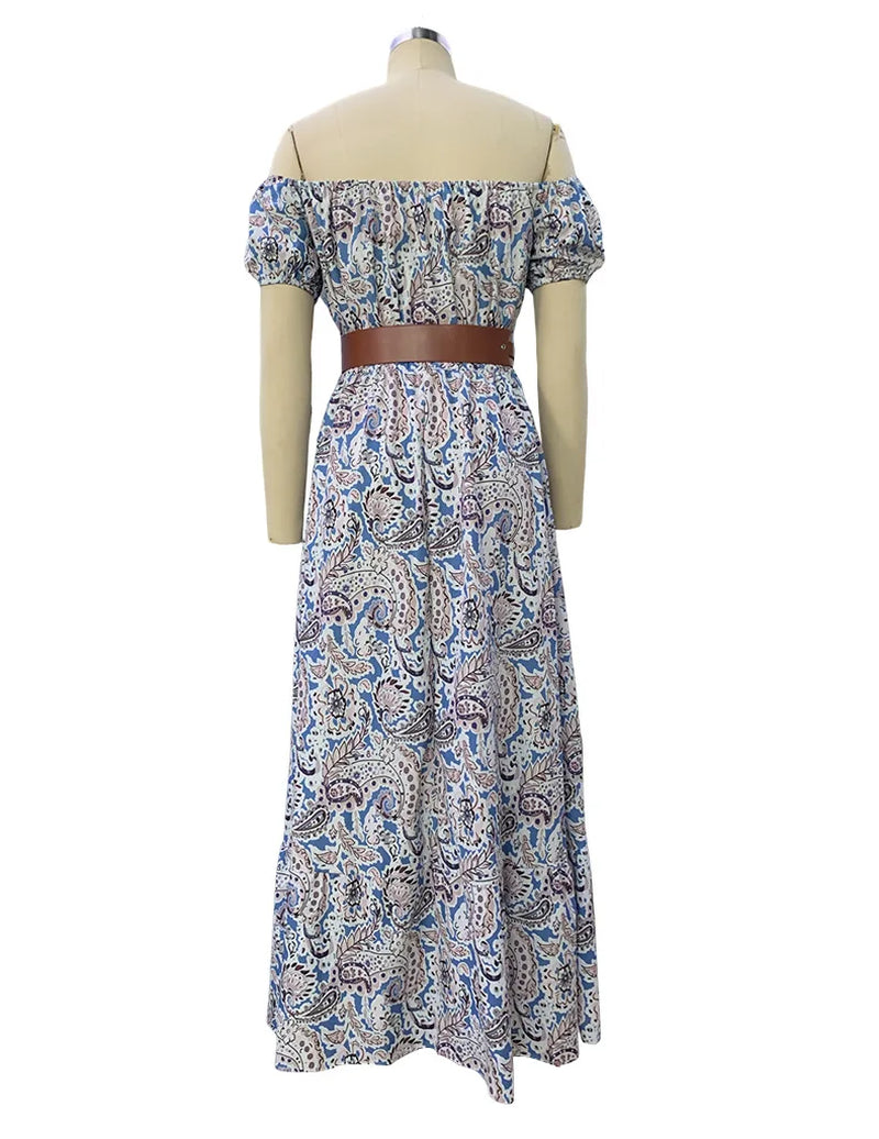 Women Elegant off Shoulder Slash Neck Long Dress Summer Floral Print A-Line Short Sleeve Bohemian Sundress with Belt