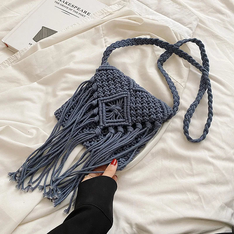Handmade Cotton Woven Knitted Tassel Crossbody Bag Vintage Shoulder Messenger Bag Female Fashion Beach Summer Handbags for Women