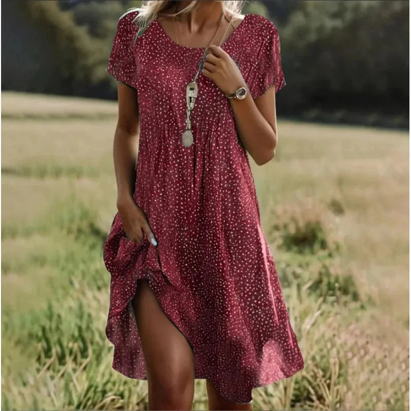 Artistic Ethnic Style round Neck Medium-Length Dress Summer Best Seller Independent Store Exclusive Limited Time Offer