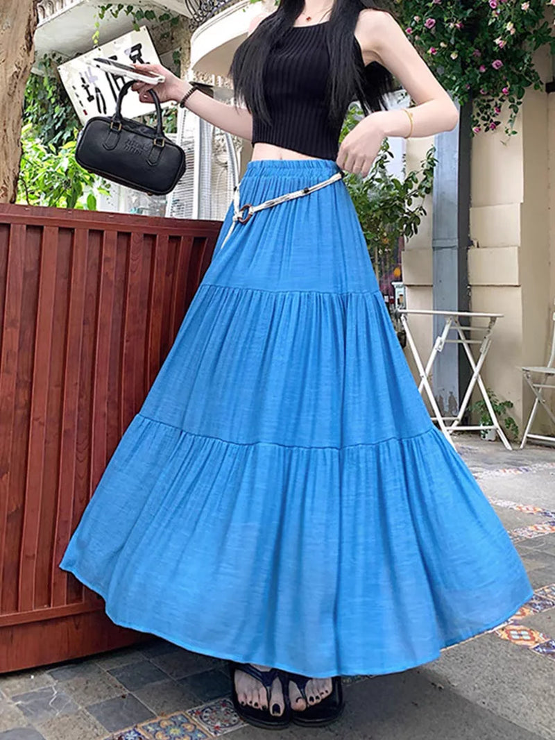 Boho Summer Cotton-Linen Midi Skirt: Flowy A-Line Pleated Long Skirt with Slimming Fit & Hip-Hiding Design for Resort Vacations