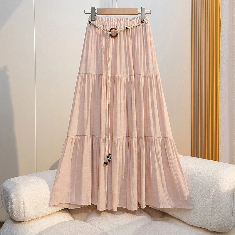 Boho Summer Cotton-Linen Midi Skirt: Flowy A-Line Pleated Long Skirt with Slimming Fit & Hip-Hiding Design for Resort Vacations