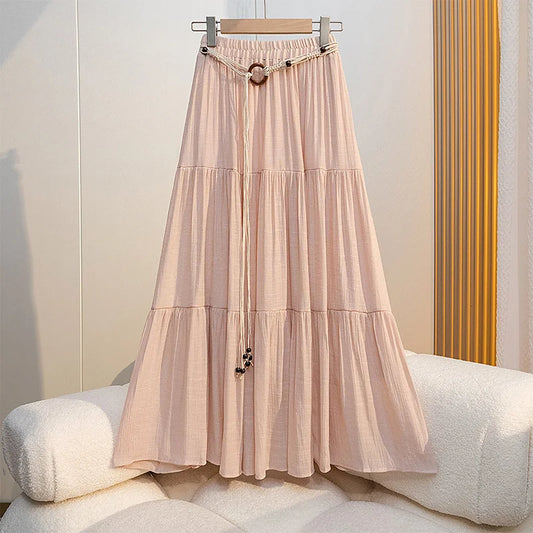 Boho Summer Cotton-Linen Midi Skirt: Flowy A-Line Pleated Long Skirt with Slimming Fit & Hip-Hiding Design for Resort Vacations