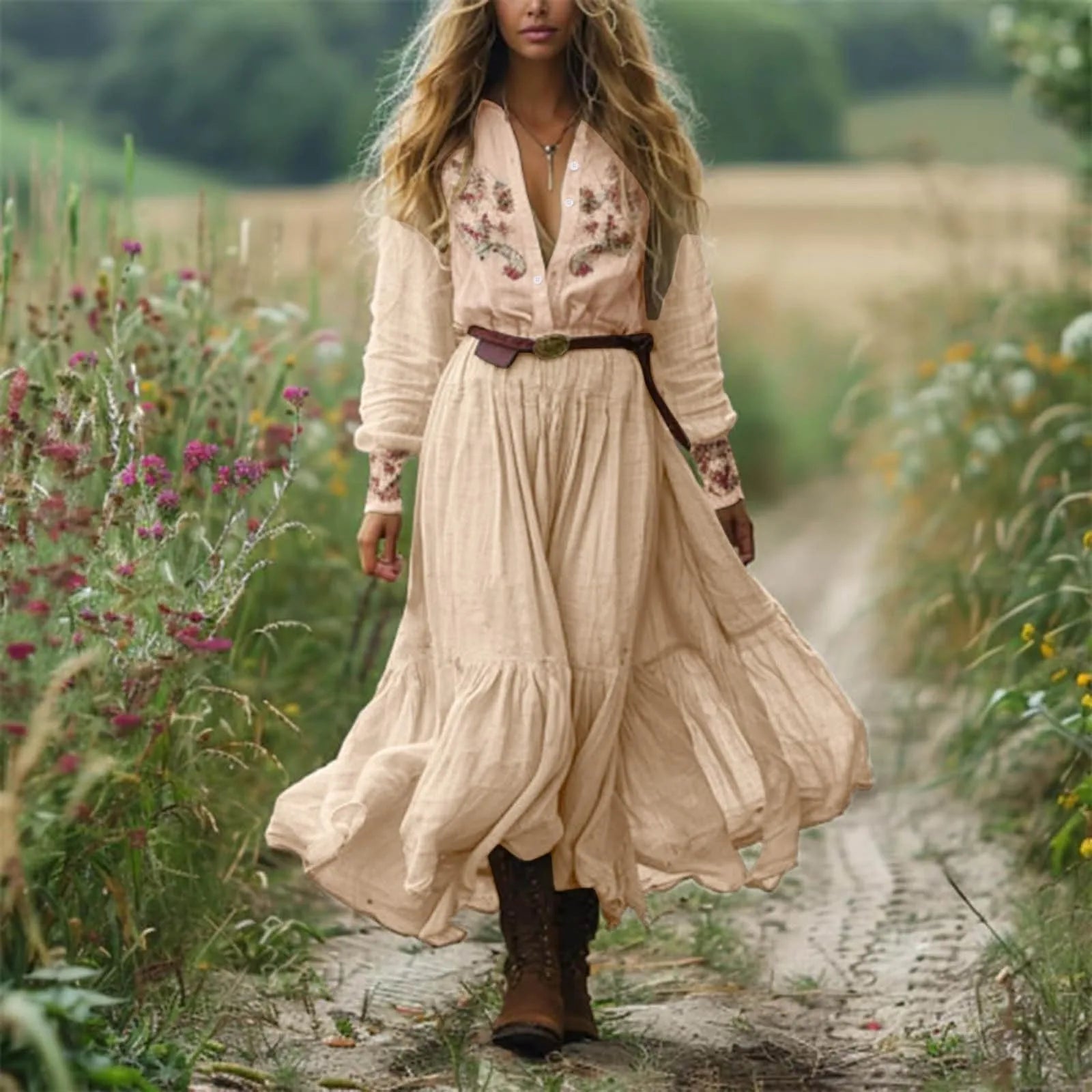 Vintage Floral Print Deep V Fashion High Waist Party Maxi Dress Autumn Women'S Ethnic Lady Chic Bohemian Dresses 2025 New