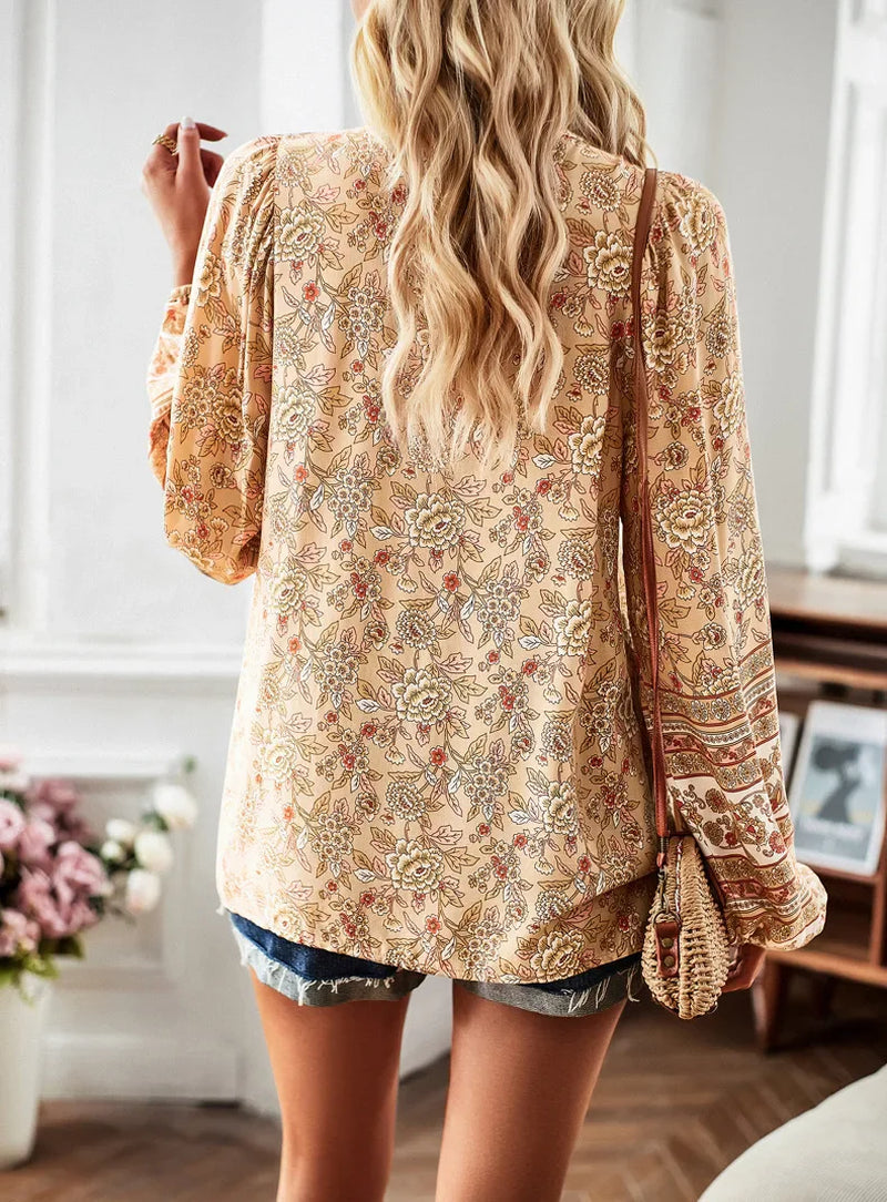 Boho Blouse Floral Print V-Neck Long Sleeve Blouse Women Chic Women Blouse Hippie Bohemian Style Autumn Women Tops