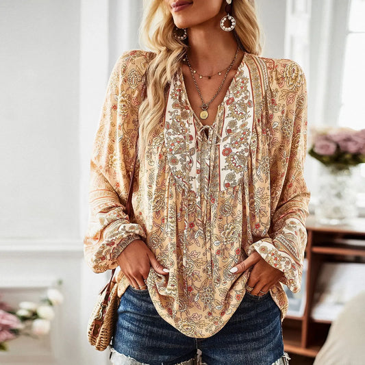 Boho Blouse Floral Print V-Neck Long Sleeve Blouse Women Chic Women Blouse Hippie Bohemian Style Autumn Women Tops