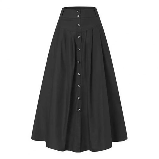 Big Hem Women Long Skirt Solid Color High Waist All Match Button Decor A-Line Summer Loose Maxi Skirt Female Garment
