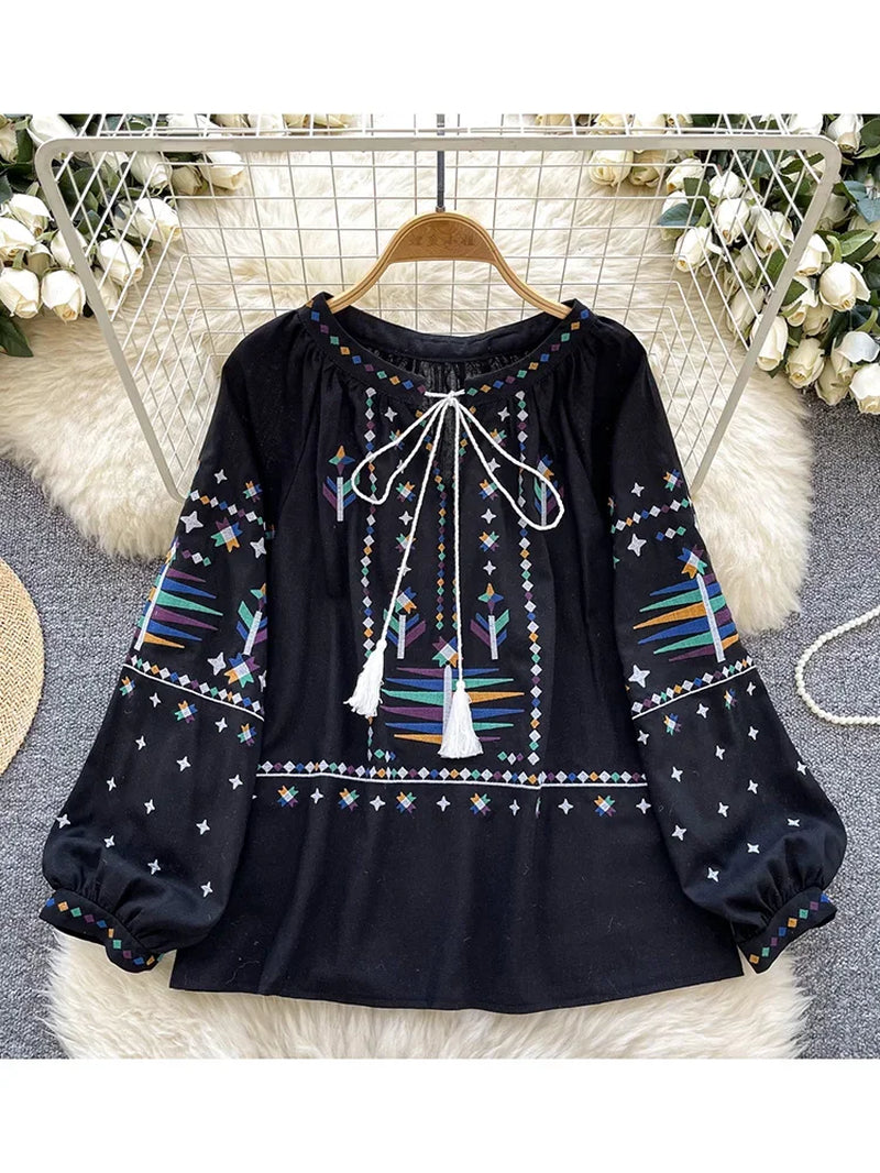Women'S Spring Autumn Blouse round Neck Lace up Long Sleeved Shirt Embroidered Loose Slimming Casual Pullover Top Trendy BL038
