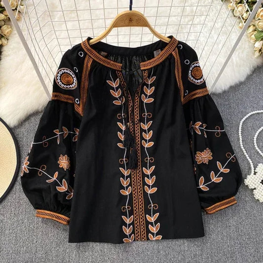 Blusa Mujer O-Neck Floral Embroidery Lantern Sleeve Spring and Autumn Blouse Women 2023 Loose Camisas Ethnic Style Dropshipping