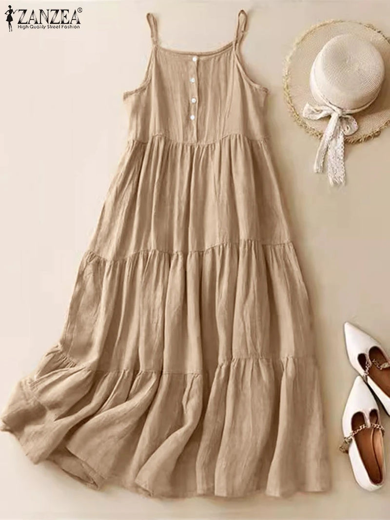 Summer Women Spaghetti Strap Holiday Midi Dress 2024  Stylish Solid Ruffles Sundress Elegant Casual A-Line Party Vestidos