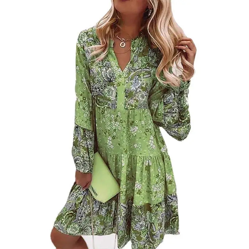 Women'S Casual Floral Print Dress Bohemian V-Neck Loose A-Line Dress Elegant Beach Vacation Style Party Dress Robe Women'S Style