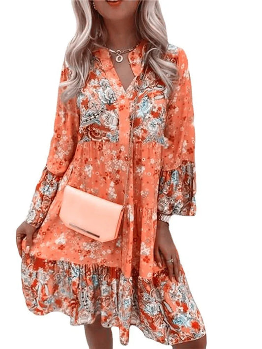 Women'S Casual Floral Print Dress Bohemian V-Neck Loose A-Line Dress Elegant Beach Vacation Style Party Dress Robe Women'S Style