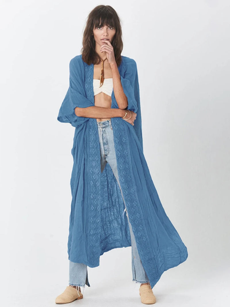 Beach Cover up Women Kimono Lace Trim Bohemian Swimsuit Cape Casual Solid Pareo Summer Beachwear Bathing Suits Outfits