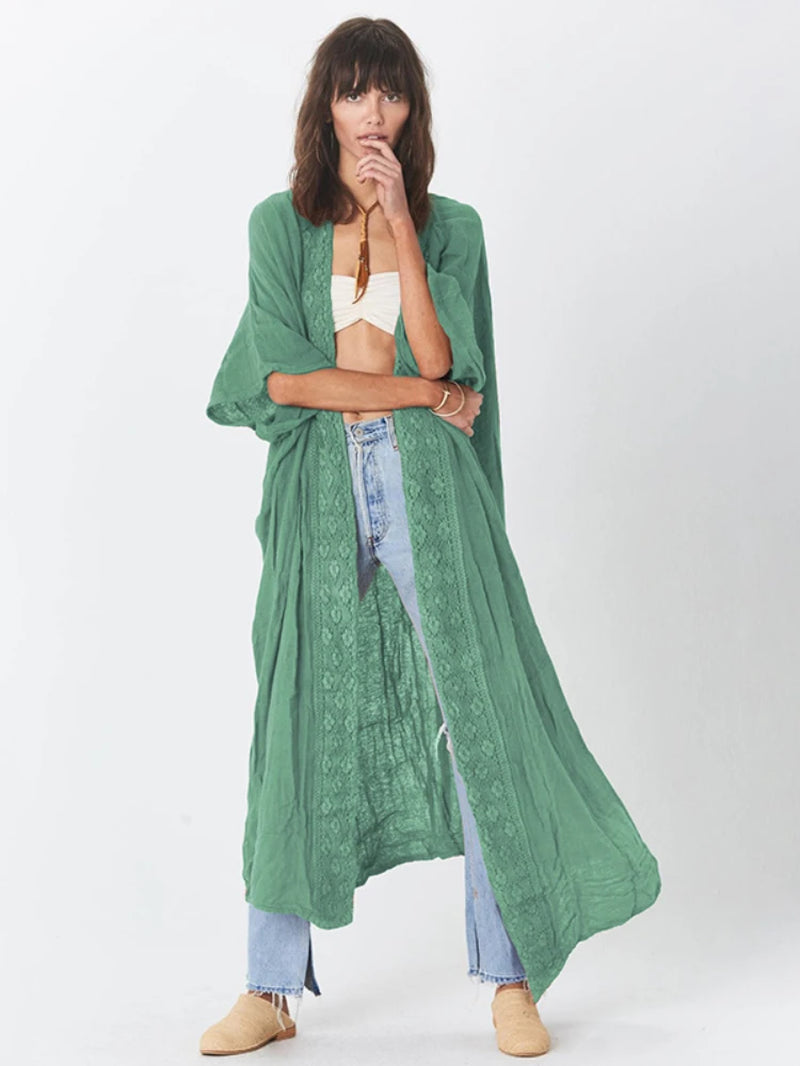 Beach Cover up Women Kimono Lace Trim Bohemian Swimsuit Cape Casual Solid Pareo Summer Beachwear Bathing Suits Outfits